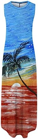 Летни фустани на wpoumv за жени без ракави, макси фустан Хавајски графички долги суровини, обичен лабав фустан на плажа