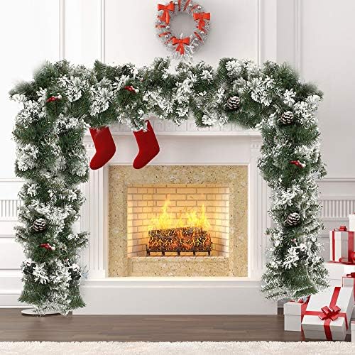 Интерлинк-САД 9фт Божиќна Венец Снег Собрани Вештачки Венец Со Борови Бобинки Божиќни Украси За Скали Камини Ѕид Врата