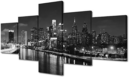 Филаделфија небото во текот на ноќта со градски згради слики бела и црна wallидна уметност Фили ноќни слики со повеќе панели за платно