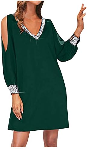 Women'sенски плус големина фустан во боја на боја Sequin Shatching V-Neck Neck Lature Shaine ракав за лежерен фустан коктел фустани