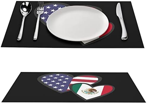 Преплетувачки срца Американски мексико знаме ПВЦ Матици за маса што се перат за подлога за табели за табели за трпезариска маса за трпезариска