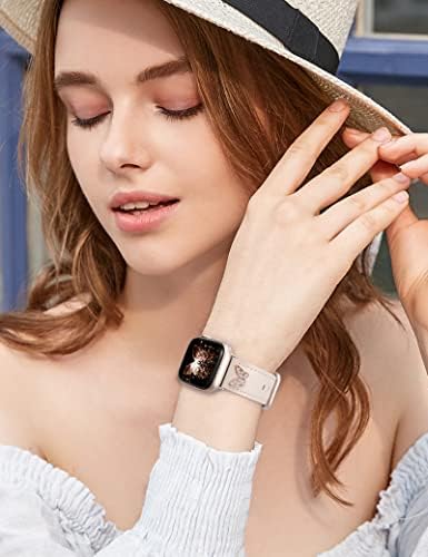 W-RARA кожни ленти компатибилни со Apple Watch Band 38mm 40mm 41mm жени, фустани кожен каиш елегантен пеперутка привлечност метални