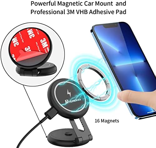 Peterong Magnetic безжичен полнач за автомобили монтирање компатибилен со Magsafe дизајниран за Tesla Model 3/Y, 15W Брзо полнење магнетски автомобил