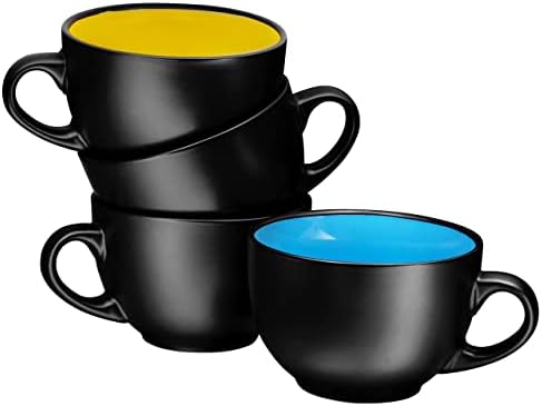 Bruntmor 24 унца црни керамички чаши за кафе сет од 4, најдобри преголеми чаши за кафе за вашата Божиќна забава, идеален за голем