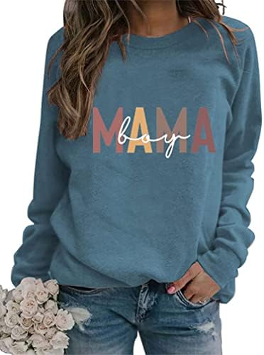 Женска екипаж маичка момче мама буква печати долг ракав лабав моден пуловер врвови