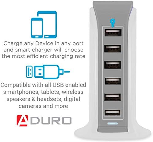 Aduro 40W 6-порта USB Desktop Станица за полнење центар центар за wallидни полнач за iphone ipad таблети паметни телефони со паметен проток