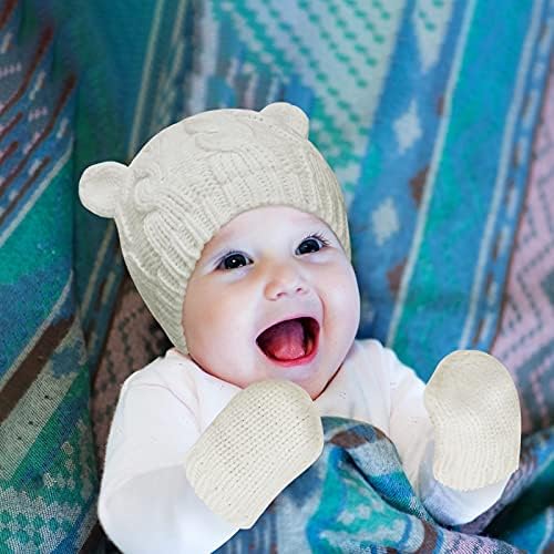 6 пара новородени ракавици за зимски бели, поставени за бебиња девојчиња, момчиња за новороденчиња, плетени капи, бебе зимска капа за 6-18