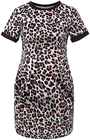 Onените породилни фустани лето кратка ракав леопард печати породилни фустани обичен фустан за бременост со џеб