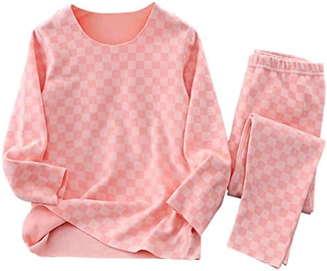 Лесни за девојчиња момчиња термички долна облека Поставете основен слој со долг ракав дијамантски карирана маица за печатење и панталони панталони