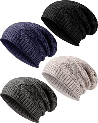 4 парчиња плетена магла за бенеи за жени мажи преголема мека топла зимска кабелска капа, бујно истегнување кабел плетено гравче