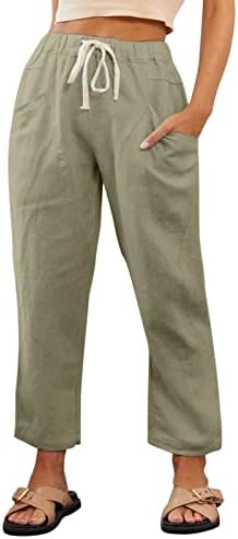 Женски памучни постелнини панталони со високи половини за лабава лабава вклопени обични панталони со џебови лето истегнување на каприс за