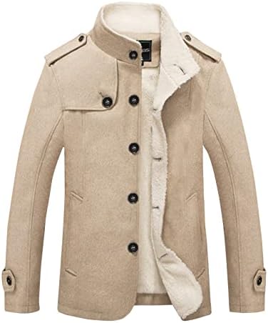 XXBR Волнено палто за мажи, Шерпа руно внатрешно копче со едно гради, стенд јакни со јака, топла обична надворешна облека