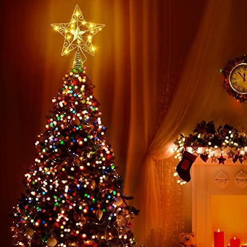Божиќна starвезда, украсен украс за сјајно дрво со 20 LED светла XMAS The Topper Reflector Star Treetop Осветлена декорација на