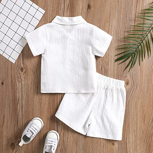 Shibaozi Toddler Baby Baby Boys Облека поставена копче надолу врвови на кошула + памучни постелнина Шорцеви летни облеки 2 парчиња со џебови