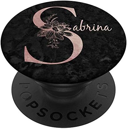 Име на Сабрина Персонализирана розова роза на црна дизајн Попсокети зафаќа и се залага за телефони и таблети