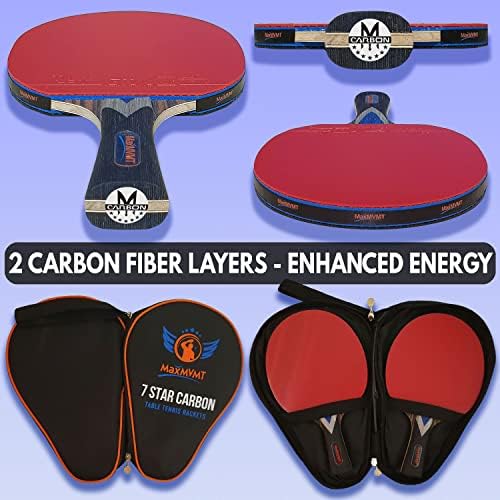 MaxMvmt Ping Pong Pong Setter од 2 - јаглеродни влакна 7 рекети за PLY - 2 рачни ленти - 3 топки - Премиум ITTF одобрена гума - Комплетна поставка