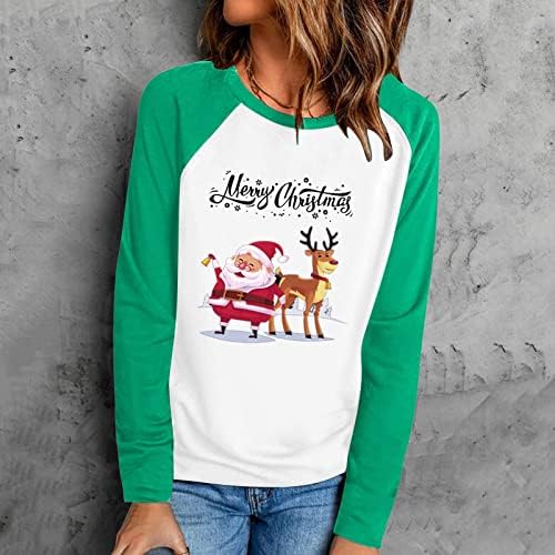 Xipcokm Среќен Божиќ џемпери женски врвови слатки Дедо Мраз и ирвас ирвас печати обичен долг ракав екипаж маица пулвер