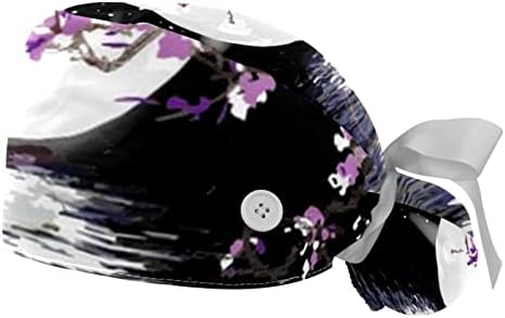 Работна капа со копчиња и врски со лента за жени 2 пакувања, цвет на сливи прилагодливи унисекс хируршки капачиња за чистење капаче