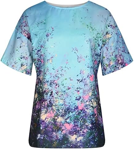 Тинејџерски девојки цветни печати опуштени фит кошула со брод вратот блузи манжети со кратки ракави со кратки ракави, лето есен кошула