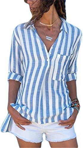 Andongnywell женски кошули со долги ракави со копчиња за вратот на вратот на кардиган кошула врвови со џебови летен бизнис