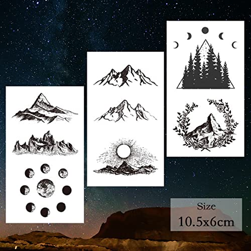 Hotoyannia 62 листови планински привремени тетоважи налепници, вклучително и лажни тетоважи водоотпорна лажна црна геометрија
