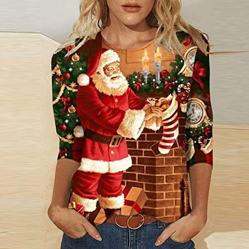 3/4 ракав маица за жени грда Дедо Мраз печати божиќни lубовници кошули со долги ракави Туника врвови удобен пуловер