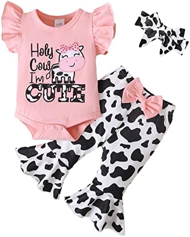 Grnshts новорова облека облека бебе крава буква печати ромпер+долги панталони+лента за глава 3 парчиња слатки летни есенски облеки