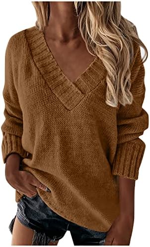 Женски џемпери пролет 2023 година во боја на глава V-врат топол топол долг ракав плетен врв есен и зимски врвови на пулвер