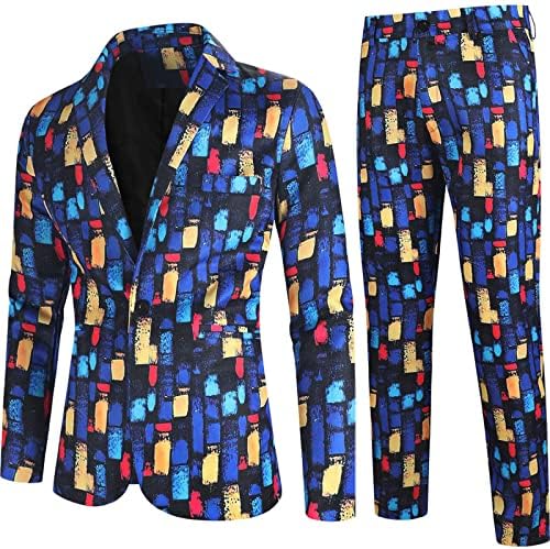 Машка модна блокада во боја на бои 2 парчиња тенок вклопена смокинг јакна и панталони поставува шал јака со едно копче за матурска