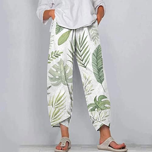 Zdferенска женска печатена плажа исечени товарни џемпери со џебни обични капри панталони памучни постелнини еластични панталони за