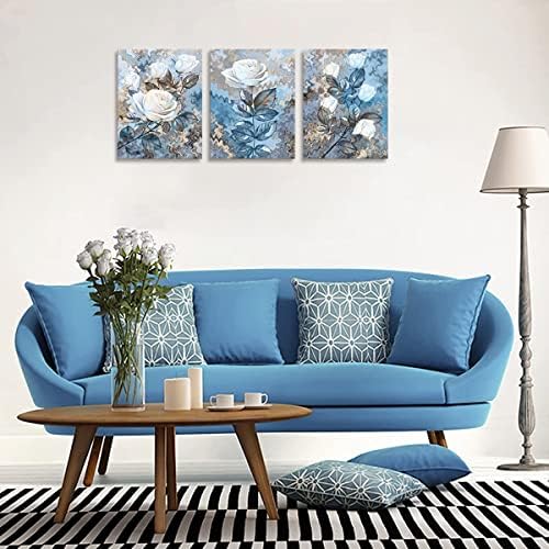 Yikg роза цветна слика платно wallидна уметност бела цветна сина тема за дневна соба декор во спална соба со врамени подготвени