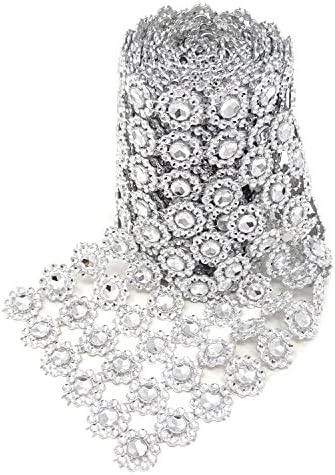 Honbay 4 инчи x 2 дворови Плескав сребрен цвет форма дијамантска мрежа за завиткување ролна факс кристална лента за мрежи за свадба,