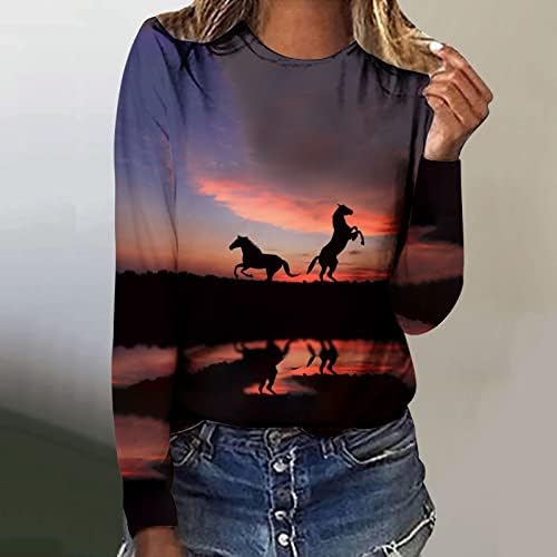 Новини графички коњи печати со долги ракави маички врвови за жени тинејџери девојки коњски lубовници маички западна екипаж блуза