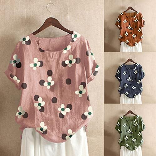 2023 летни врвови за памучни лени за жени трендовски цветни графички кратки ракави Туника, обична Основна блуза за кошула од вратот