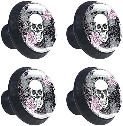 Копчињата за фиоки за фиоки на кабинетот череп црни кујнски копчиња модерни влечења и копчиња 4 парчиња 1,37 × 1,10in