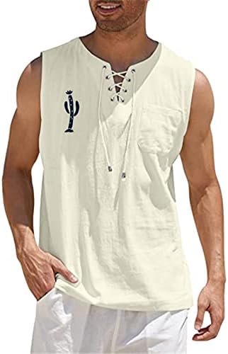 XXBR машки памучни постелнини кошули со ракави за влечење v вратот графички печати обични резервоари за опуштено вклопување на плажа хипи