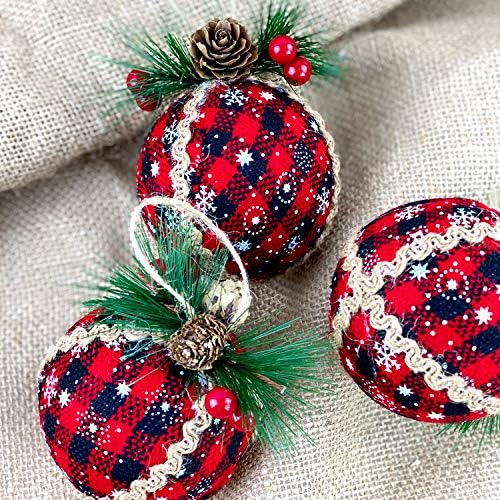 Орнаменти на божиќни карирани топка од 9 парчиња - 2,3 инчи црни и црвени биволи карирани ткаенини со топка од ткаенини со борови конуси