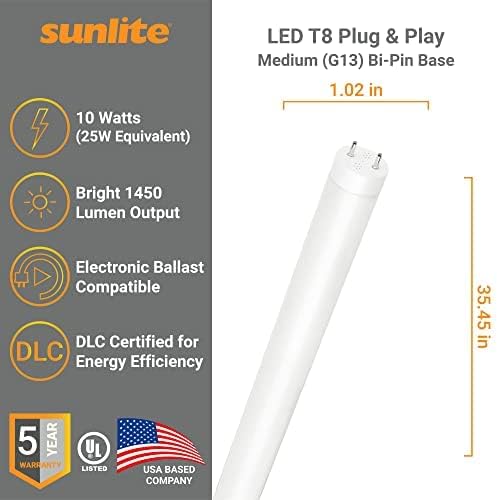 Sunlite 87971 LED T8 Приклучок &засилувач; Игра Светлосна Цевка 3 Стапки, 10 Вати 1450 Lm, Средна G13 База, Двојна Крајна Врска,