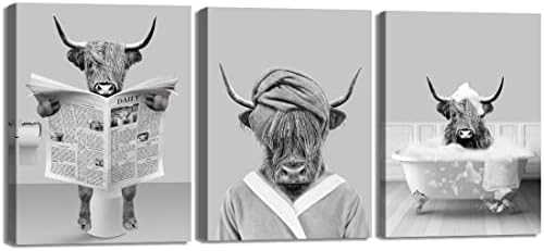 Grdenia уметност смешна висорамнинска крава бања wallидна уметност црно -бела крава отпечатоци декор модерно животно платно за платно