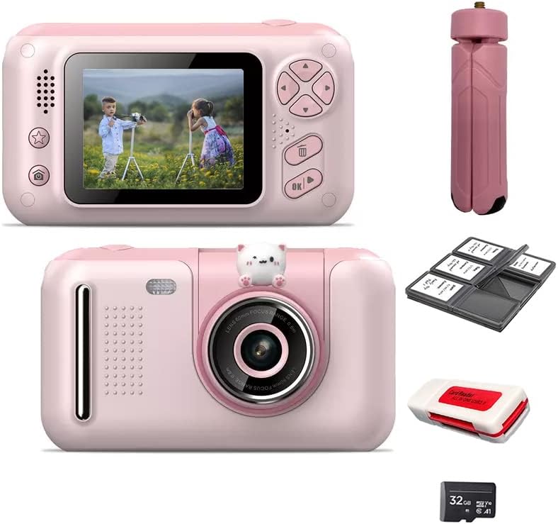 Acuvar Full 1080p Kids Selfie Flip Lens HD Digital Photo & Video Camera што може да се надополнува со 2 екран, совпаѓање на рачен статив, 32