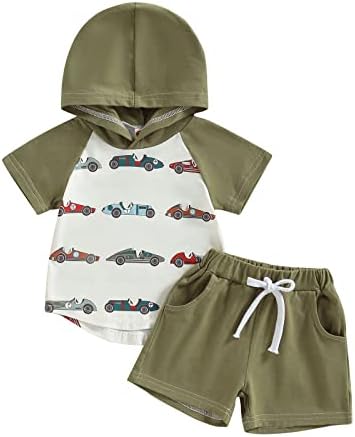 Детето бебе момче лето облека со кратки ракави со качулка од врвот и обичните шорцеви поставени облеки за новороденче 2 парчиња