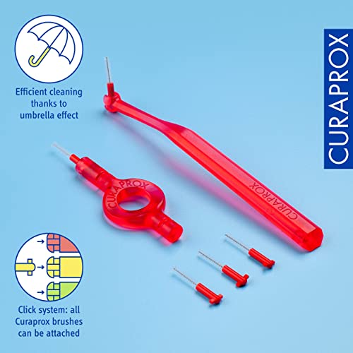 Curaprox CPS 07 Prime Start Interdent Blufes Set, 5 интердентални четки CPS 07 Prime + 1 држач UHS 409 + 1 држач UHS 470, 0,7 mm до 2,5 mm, црвена