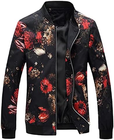 Uioklmjh Пролет есенска бомбашка јакна мажи цветни печатени модни тенок вклопени машки обични јакни машка палто за ветерници за ветерници