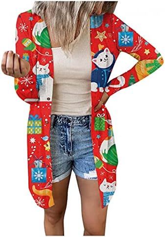 Шакуми Божиќни Кардигански Џемпери За Жени Снешко Печатени Отворени Предни Обични Плетени Џемпери Со Долги Ракави Палта Црвена