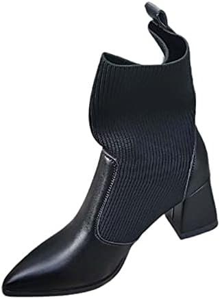 Hcjkdu женски плетење со средни чевли со теле мода ретро спојување бутовите високи фустани чизми потпетици зашилени чизми на глуждот