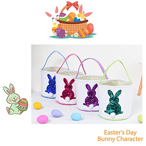 Велигденски sequins bunny корпи за корпи за деца платно памук носат подароци и торба за лов на јајца, меки опашки печатени зајаци платно