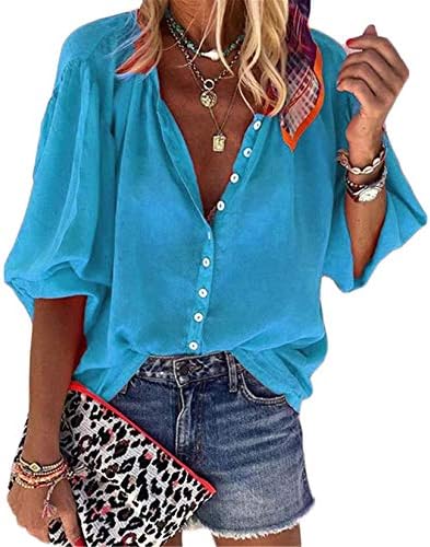 Andongnywell omensенски кардиган блузи за жени случајни v вратот цврста боја долга ракав копче надолу од врвовите шифон кошули