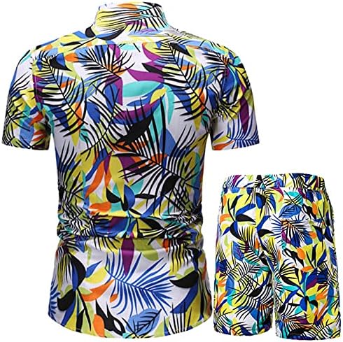 Машко хавајско копче надолу цветна кошула 2 парчиња тропска облека лето лабава вклопени кошули со кратки ракави врвови и шорцеви