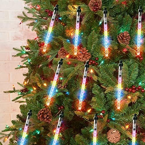 Блескави светли мулти-обоени светла за новогодишни елки, 360 LED 4 инчи 18 цевки водоотпорни метеорски туш светла, Божиќни украси за надворешно