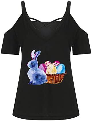 Велигденски кошули за жени надвор од рамото Симпатични зајаче графички маички Топ вкрстени ленти за прашкасти маици лабави обичен